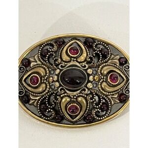 Michal Golan Brooch Pin‎ Garnet Cabochon Gold Tone Filigree Oval Statement